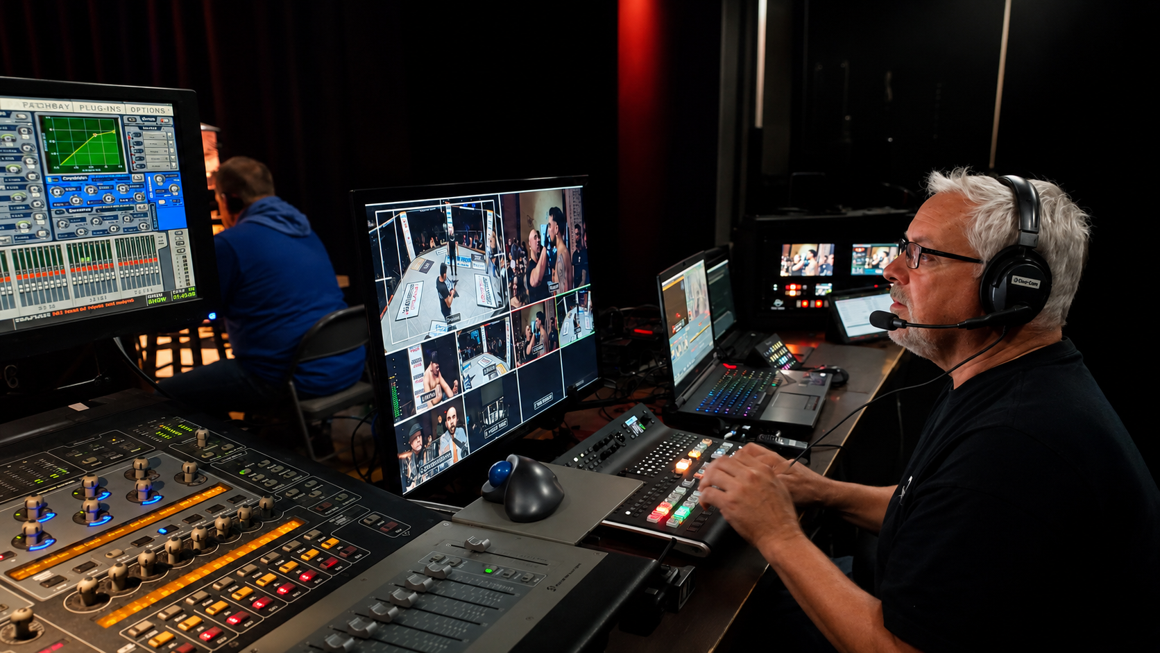 Live commentary, cage microphones, announcements, audience sound, and program audio were monitored and mixed throughout the broadcast. Broadcast operator monitoring live video and audio during an Extreme Cage Fighting event.